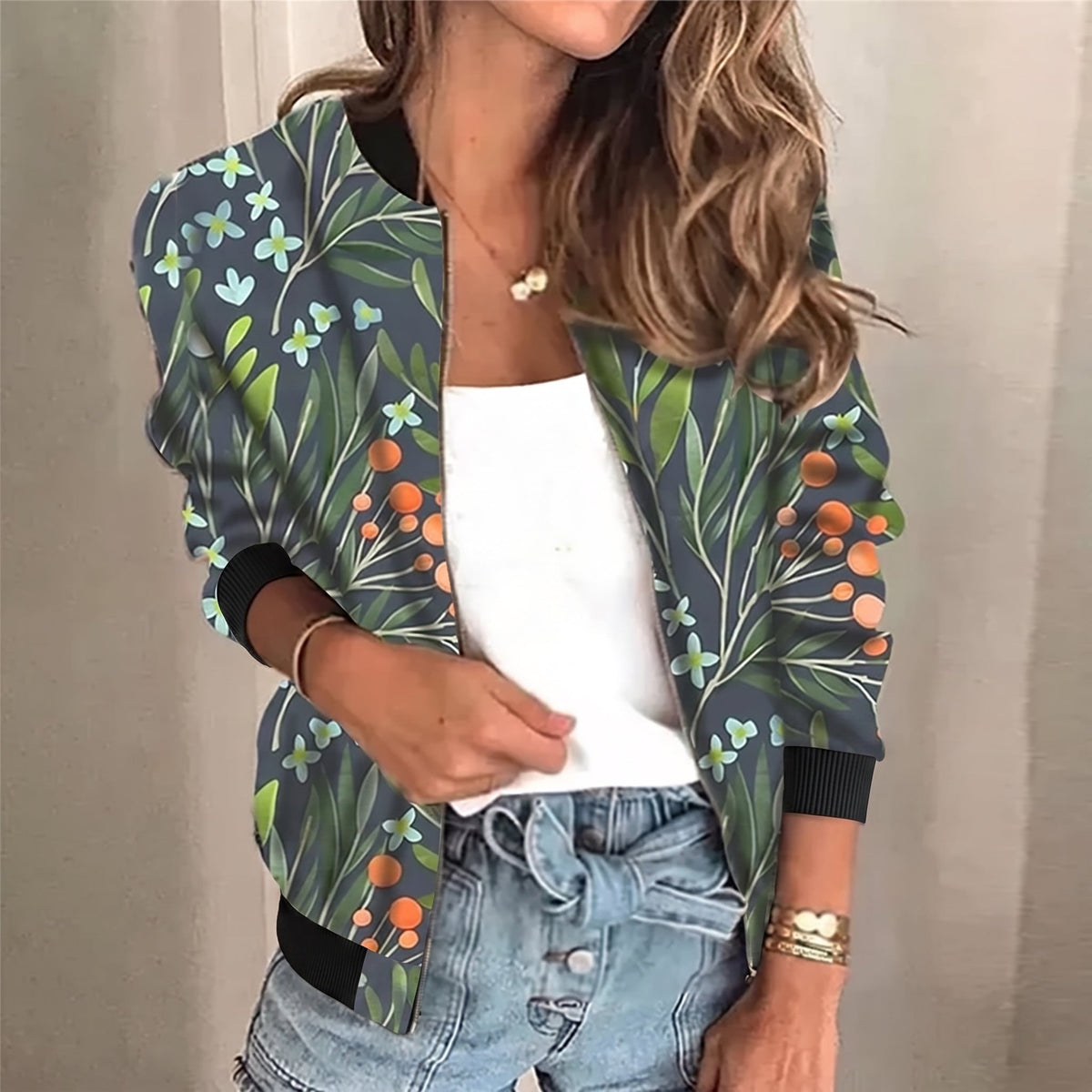 Women's Cropped Jacket Relaxed Fit Full Zip Through with Ribbed Trim