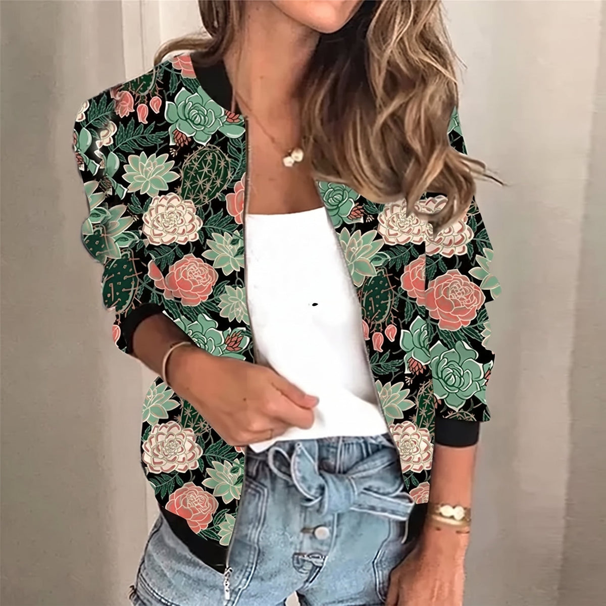 Women's Cropped Jacket Relaxed Fit Full Zip Through with Ribbed Trim