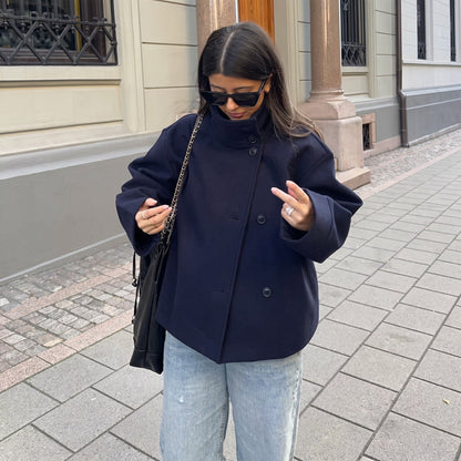 Women's Cropped Jacket Stand Collar Relaxed Fit Boxy