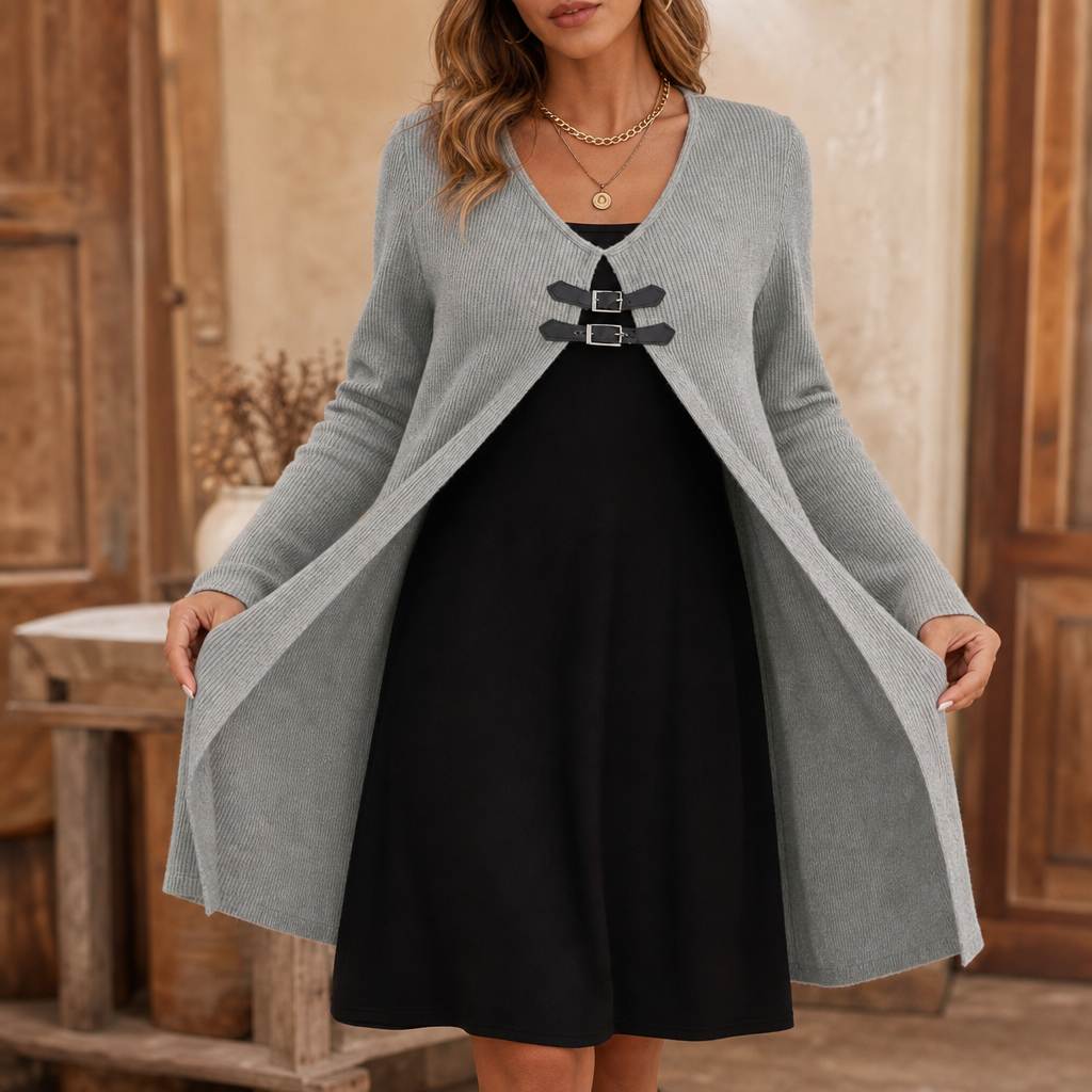 Women's Faux Two-Piece Midi Dress | Buckle Accent & Wrinkle Resistant