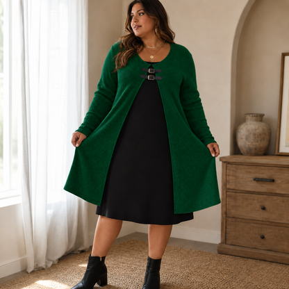 Women's Faux Two-Piece Midi Dress | Buckle Accent & Wrinkle Resistant