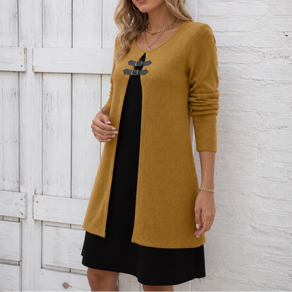 Women's Faux Two-Piece Midi Dress | Buckle Accent & Wrinkle Resistant
