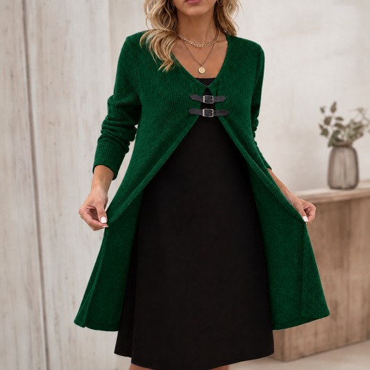 Women's Faux Two-Piece Midi Dress | Buckle Accent & Wrinkle Resistant