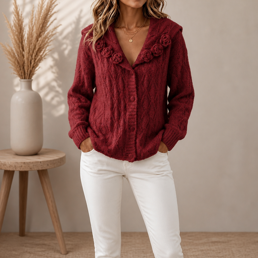 Women's Floral Lapel Cardigan | Knitted-In Detail
