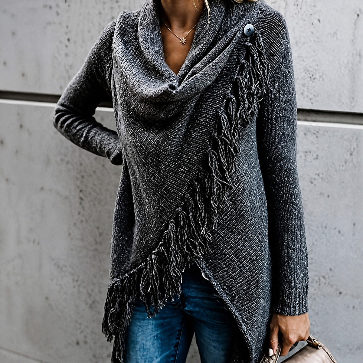 Women's Fringe Trim Cardigan | Waterfall Front & Oversized Fit