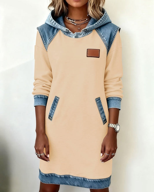 Women's Hoodie Dress Relaxed Fit Pullover Hood with Contrast Inserts