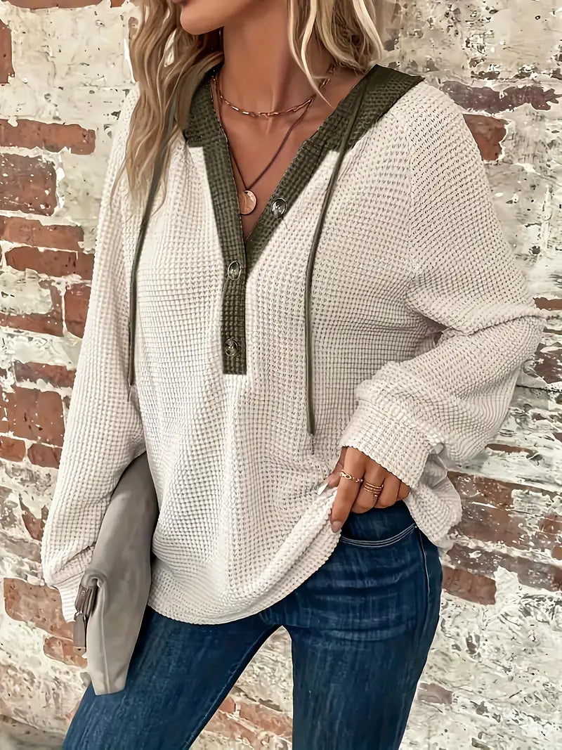 Women's Hoodie Relaxed Drop Shoulder Waffle Knit with Front Buttons