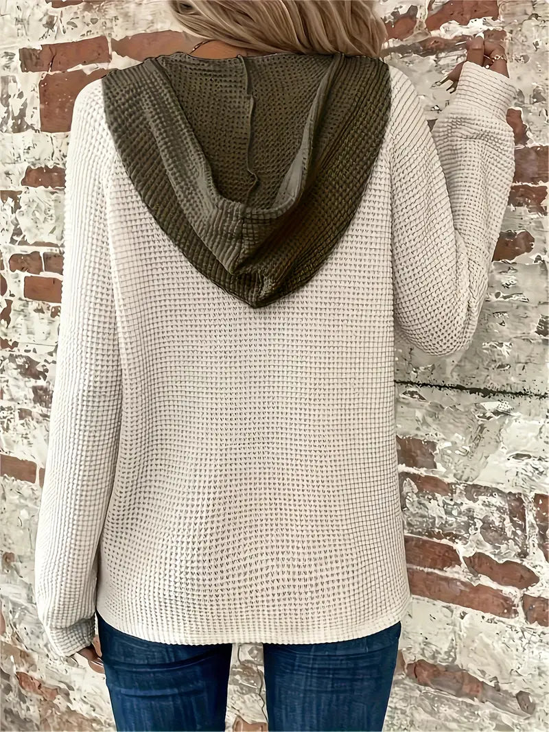 Women's Hoodie Relaxed Drop Shoulder Waffle Knit with Front Buttons