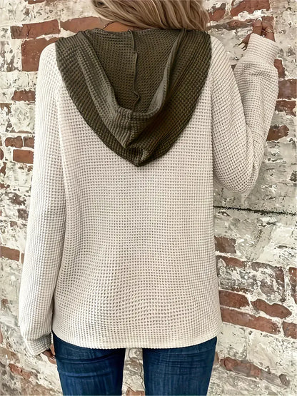 Women's Hoodie Relaxed Drop Shoulder Waffle Knit with Front Buttons