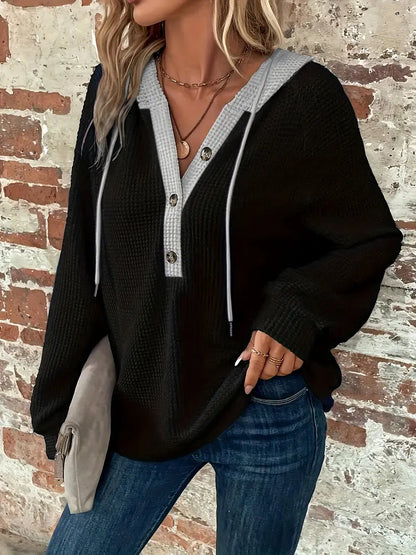 Women's Hoodie Relaxed Drop Shoulder Waffle Knit with Front Buttons
