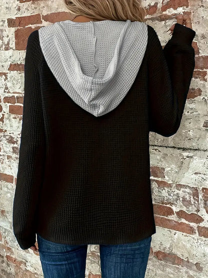 Women's Hoodie Relaxed Drop Shoulder Waffle Knit with Front Buttons
