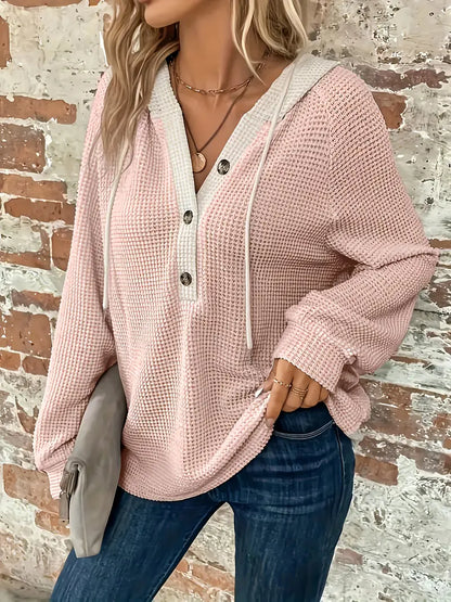 Women's Hoodie Relaxed Drop Shoulder Waffle Knit with Front Buttons