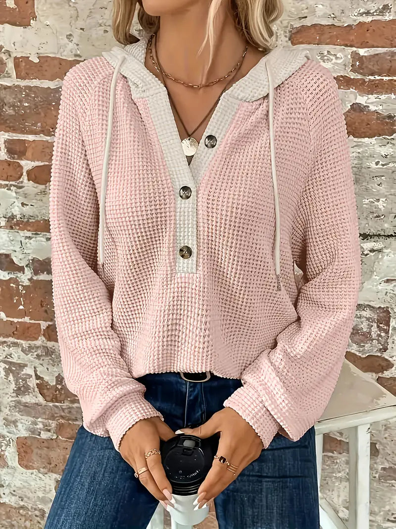 Women's Hoodie Relaxed Drop Shoulder Waffle Knit with Front Buttons