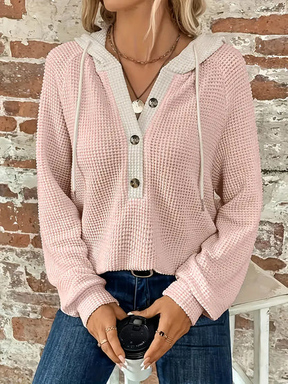 Women's Hoodie Relaxed Drop Shoulder Waffle Knit with Front Buttons