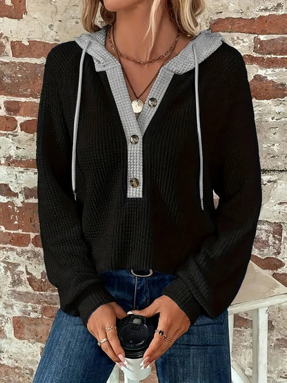 Women's Hoodie Relaxed Drop Shoulder Waffle Knit with Front Buttons