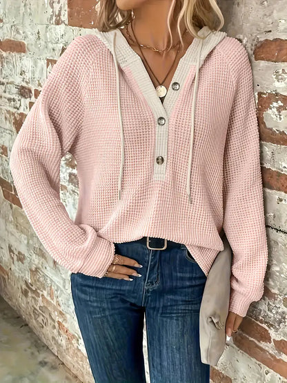 Women's Hoodie Relaxed Drop Shoulder Waffle Knit with Front Buttons