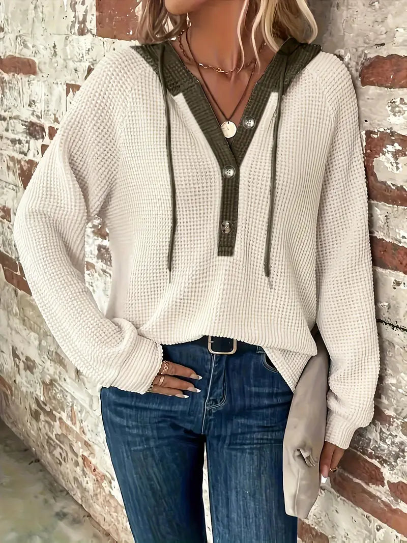 Women's Hoodie Relaxed Drop Shoulder Waffle Knit with Front Buttons