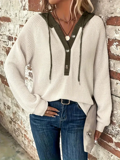 Women's Hoodie Relaxed Drop Shoulder Waffle Knit with Front Buttons