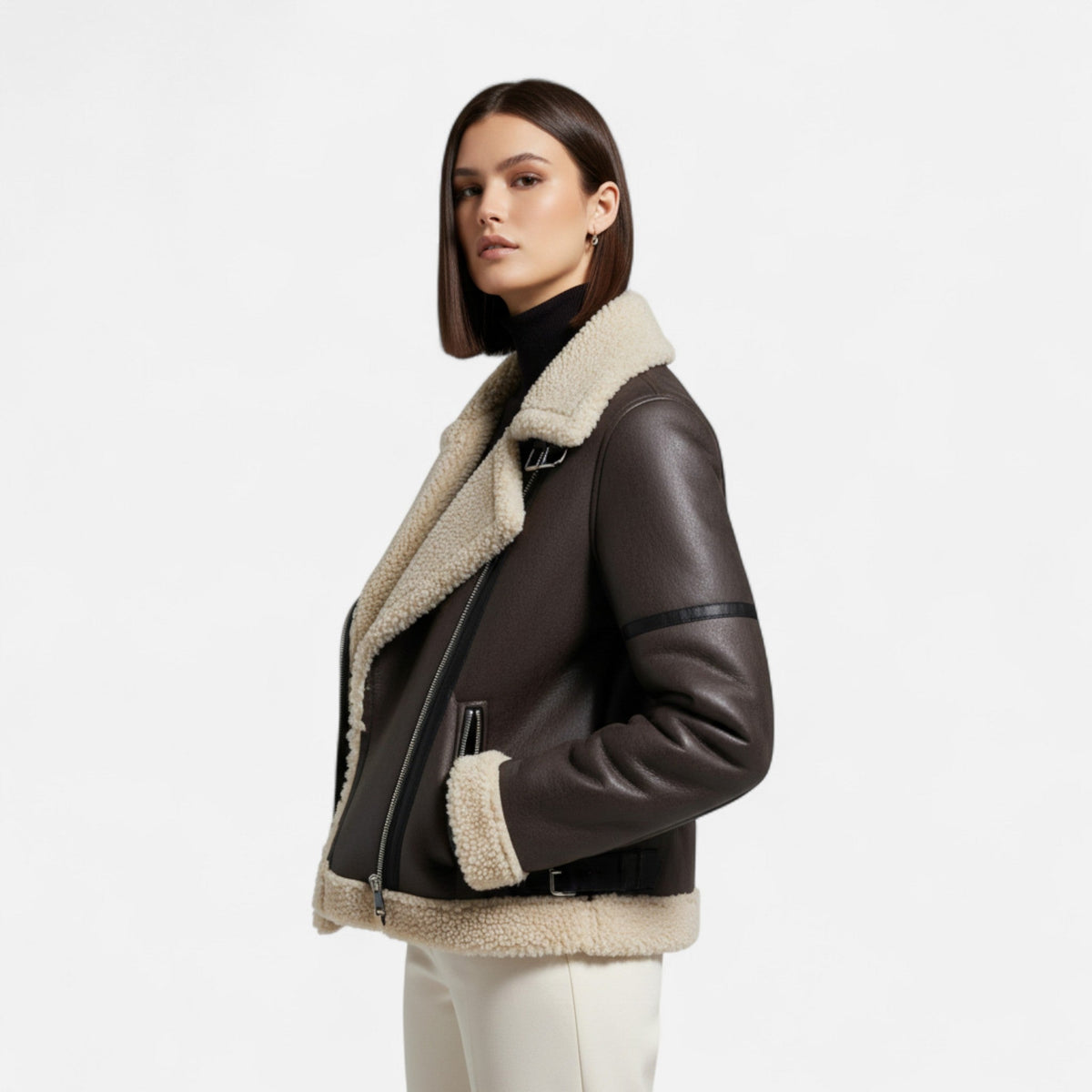 Women's Jacket Fitted Belted Feminine Cut Hip Length with Fur Lining