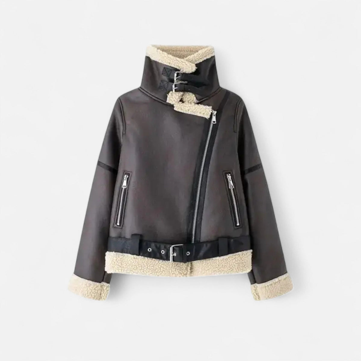 Women's Jacket Fitted Belted Feminine Cut Hip Length with Fur Lining