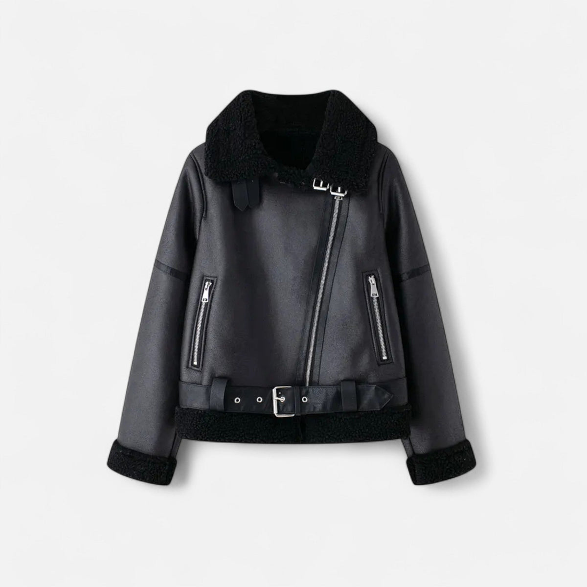 Women's Jacket Fitted Belted Feminine Cut Hip Length with Fur Lining