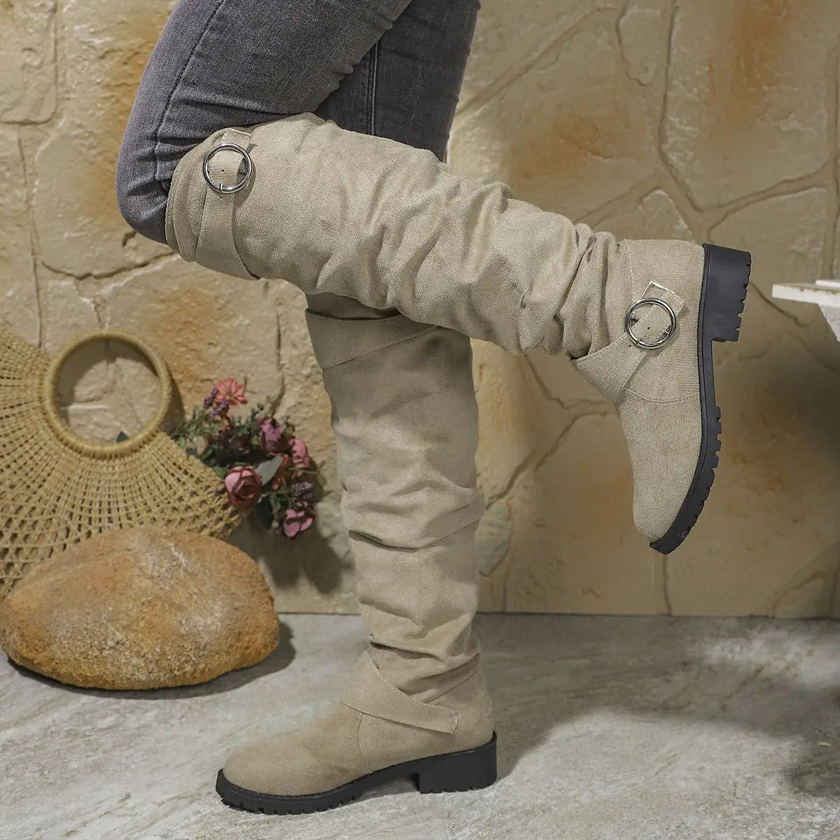 Women's Knee High Boots Slouchy Fit Block Sole with Buckle Accents