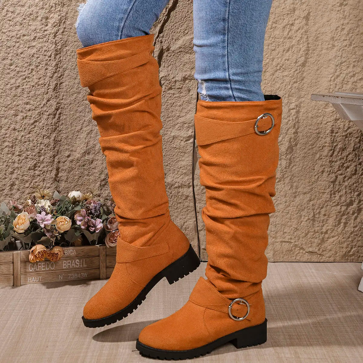 Women's Knee High Boots Slouchy Fit Block Sole with Buckle Accents