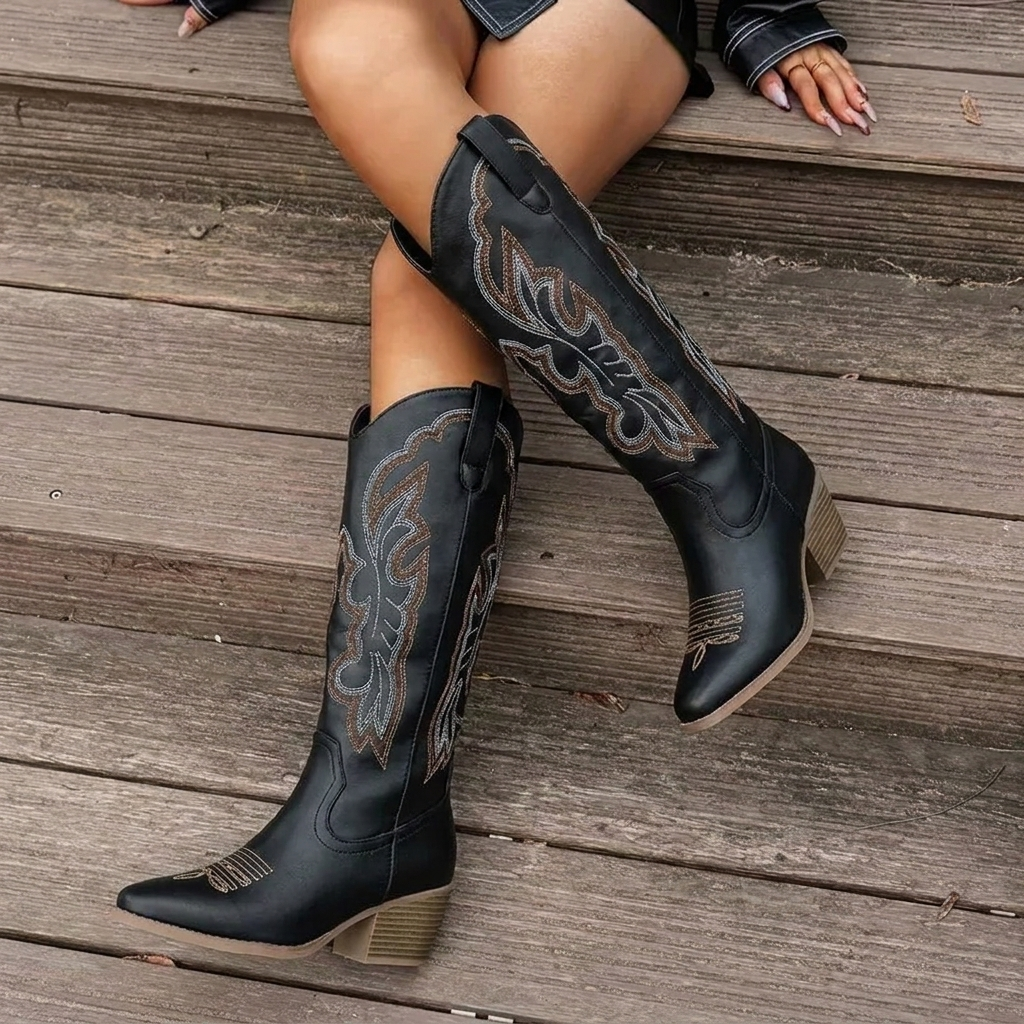 Women's Knee-High Cowgirl Boots Embroidered Pointed Toe