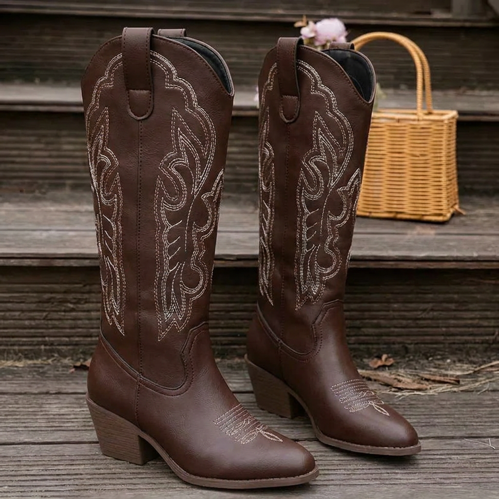 Women's Knee-High Cowgirl Boots Embroidered Pointed Toe