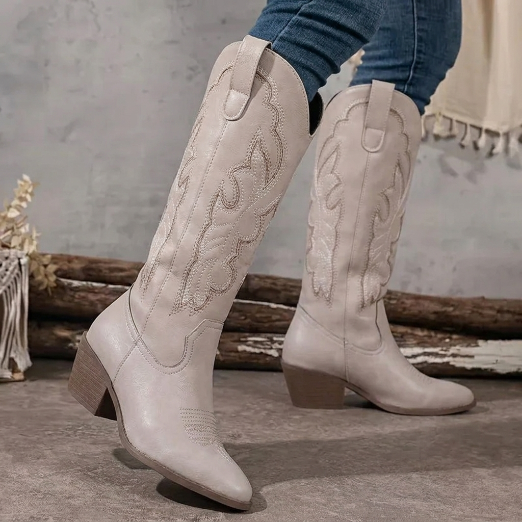 Women's Knee-High Cowgirl Boots Embroidered Pointed Toe