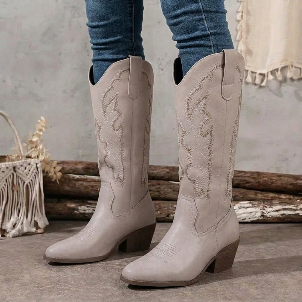 Women's Knee-High Cowgirl Boots Embroidered Pointed Toe