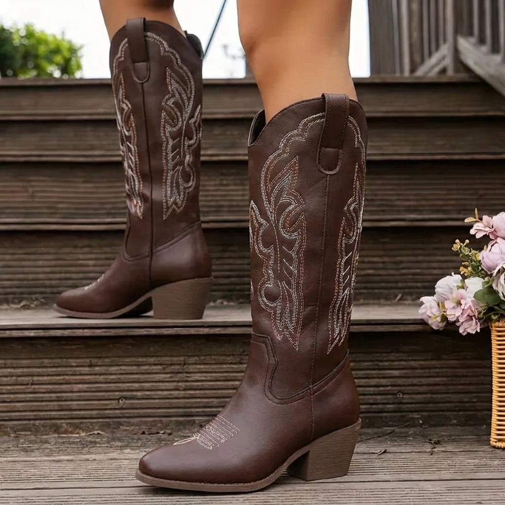 Women's Knee-High Cowgirl Boots Embroidered Pointed Toe
