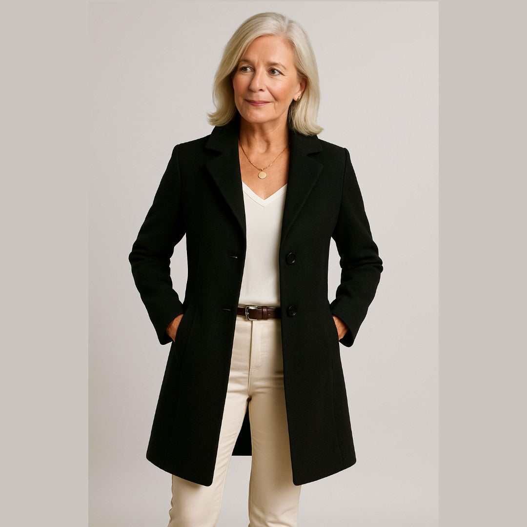 Women's Long Coat Classic Tailored Fit Refined with Button Closure