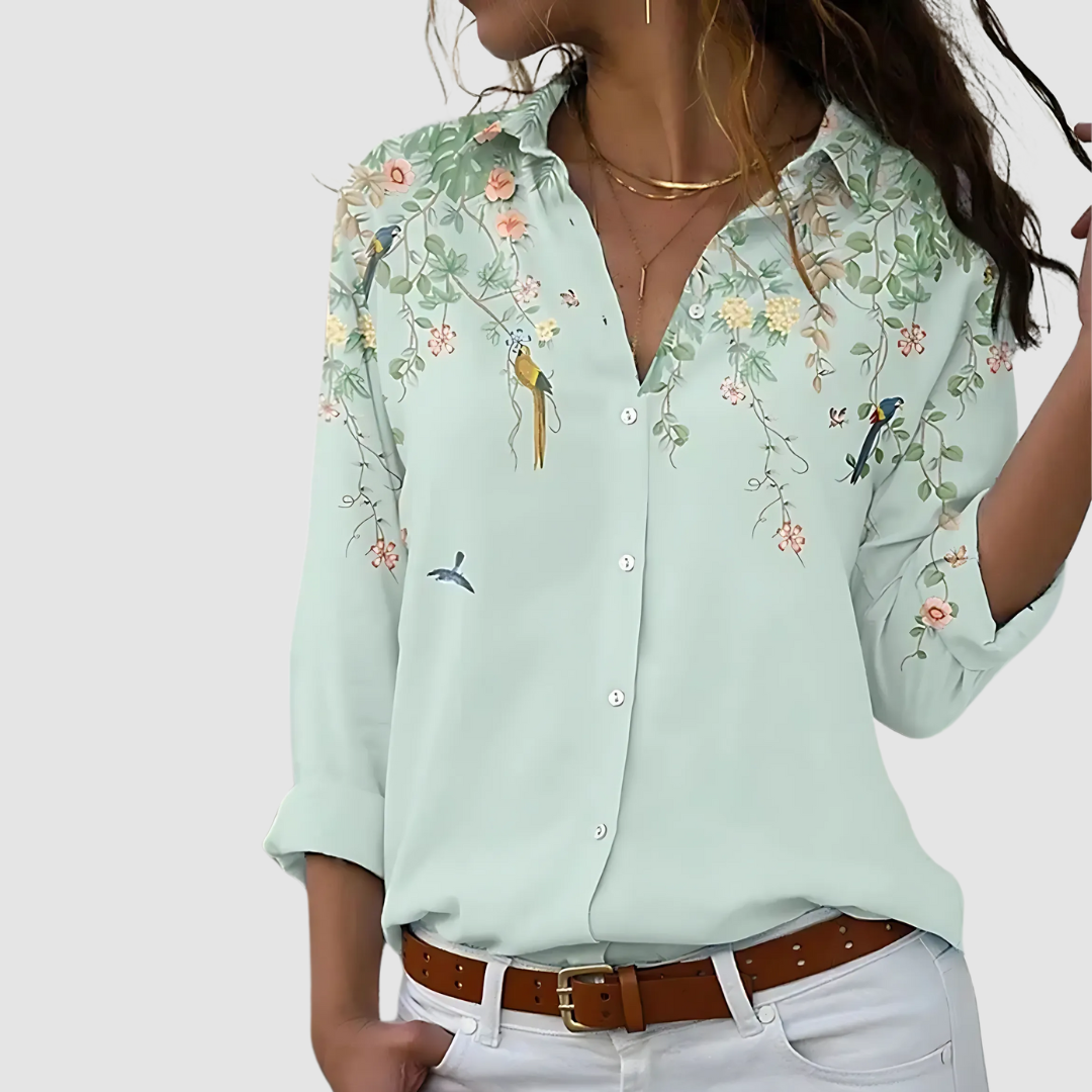 Women's Long Sleeve Blouse | Botanical Print & V-Neck