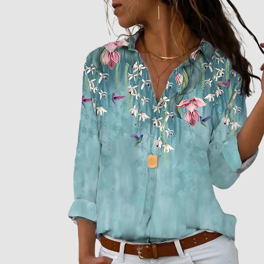 Women's Long Sleeve Blouse | Botanical Print & V-Neck