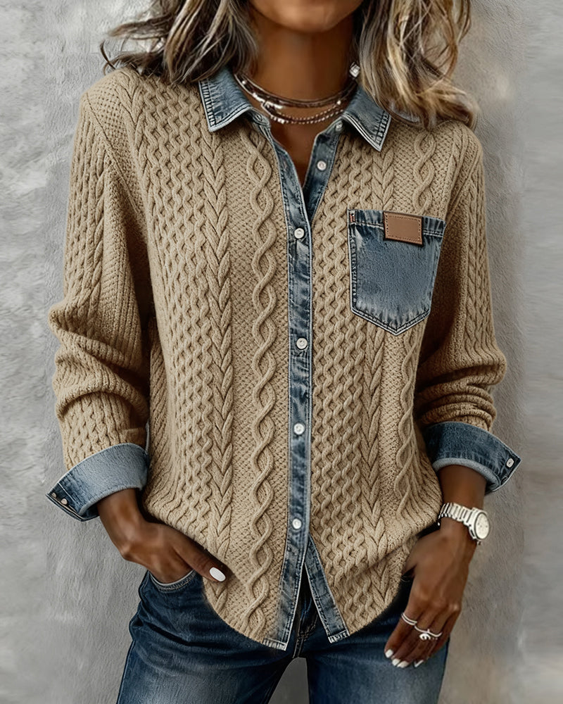 Women's Long Sleeve Blouse | Cable Knit & Contrast Trim