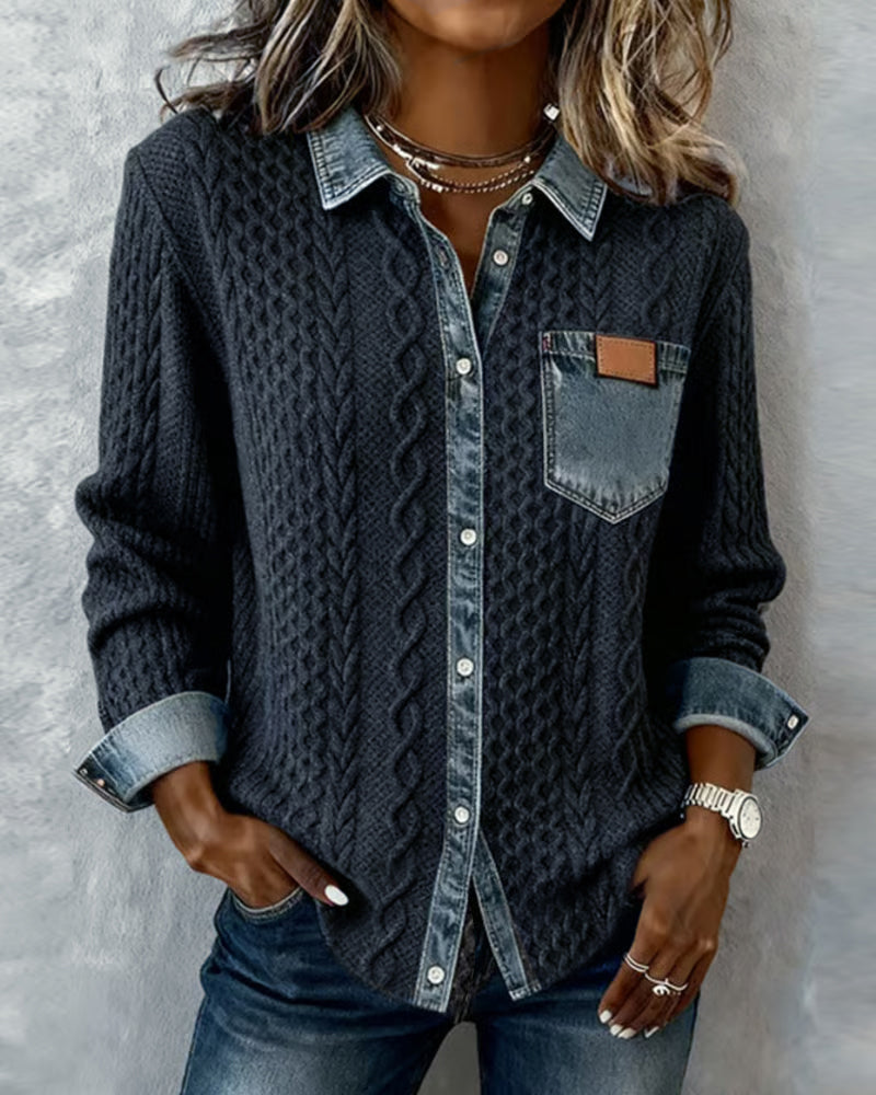 Women's Long Sleeve Blouse | Cable Knit & Contrast Trim