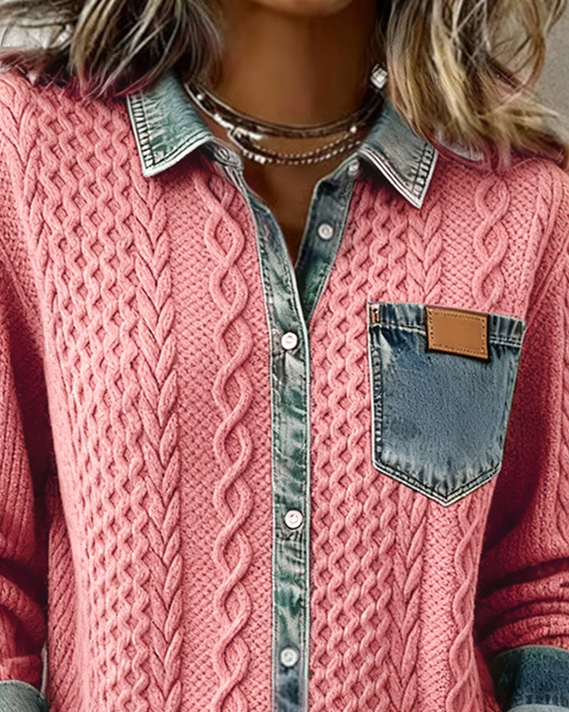Women's Long Sleeve Blouse | Cable Knit & Contrast Trim