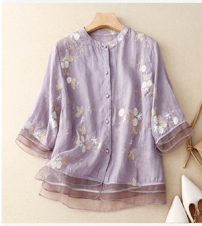 Women's Long Sleeve Blouse | Embroidered Stand Collar