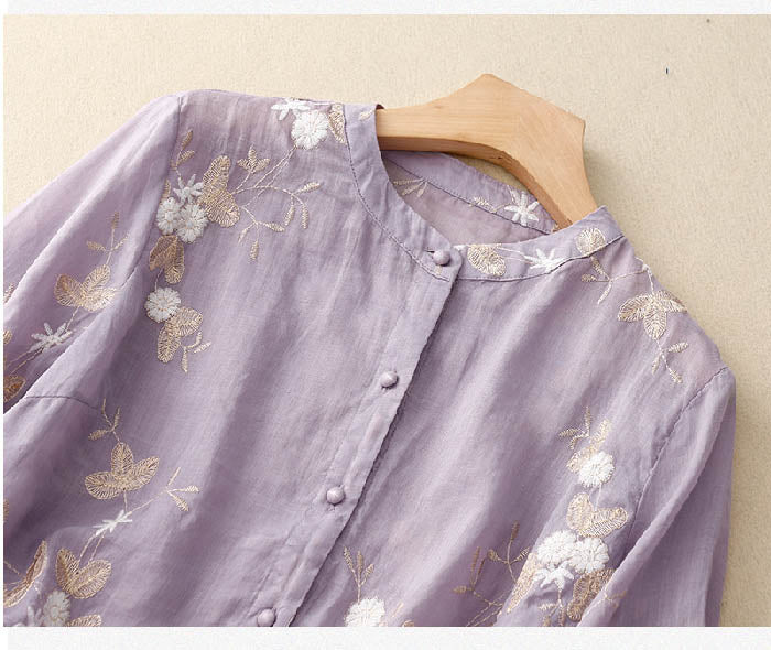 Women's Long Sleeve Blouse | Embroidered Stand Collar