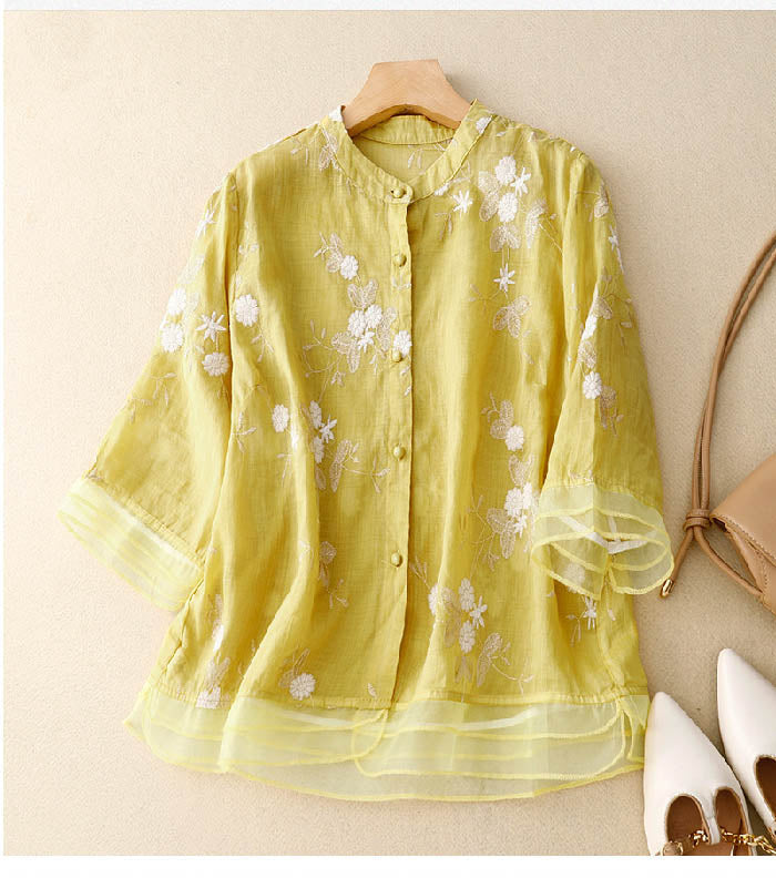 Women's Long Sleeve Blouse | Embroidered Stand Collar