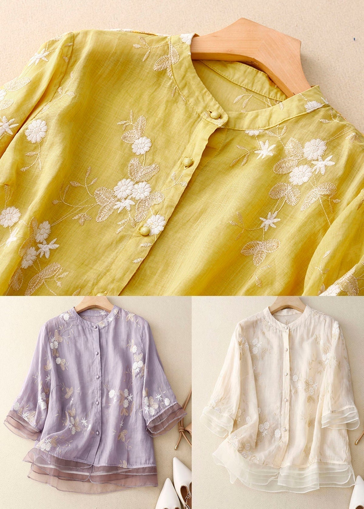 Women's Long Sleeve Blouse | Embroidered Stand Collar
