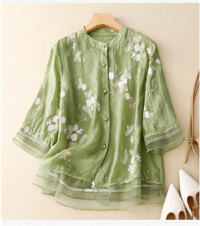 Women's Long Sleeve Blouse | Embroidered Stand Collar