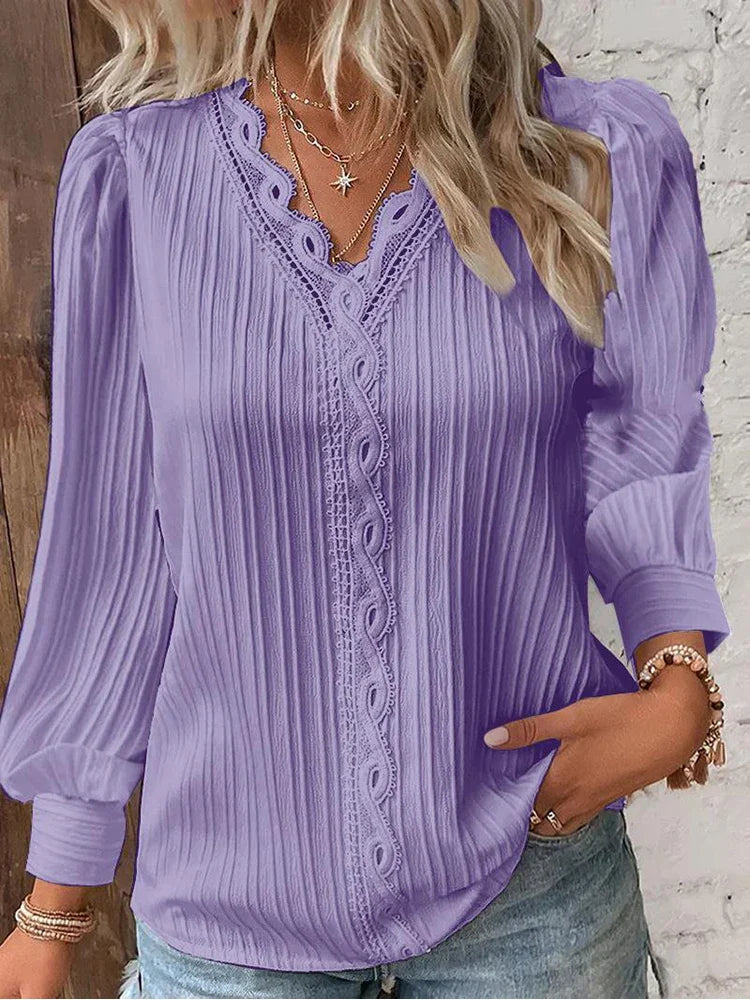 Women's Long Sleeve Blouse | Lace Trim V-Neck