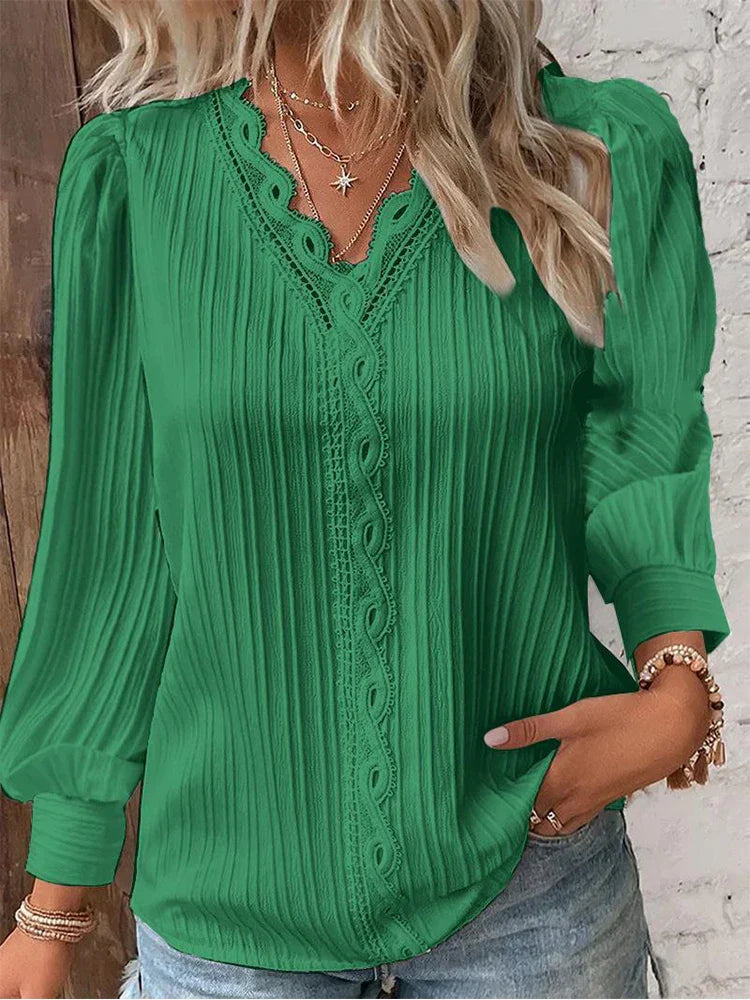 Women's Long Sleeve Blouse | Lace Trim V-Neck