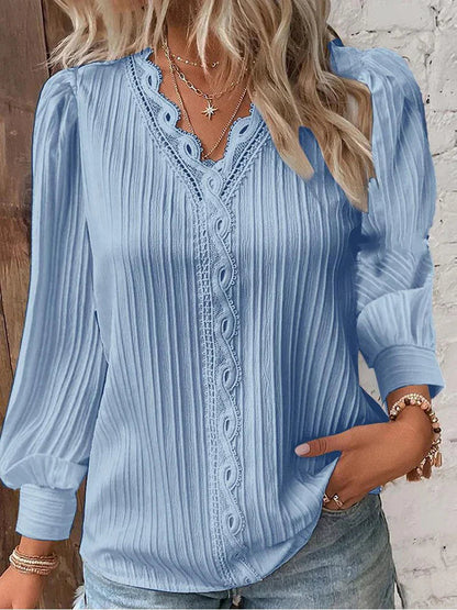 Women's Long Sleeve Blouse | Lace Trim V-Neck
