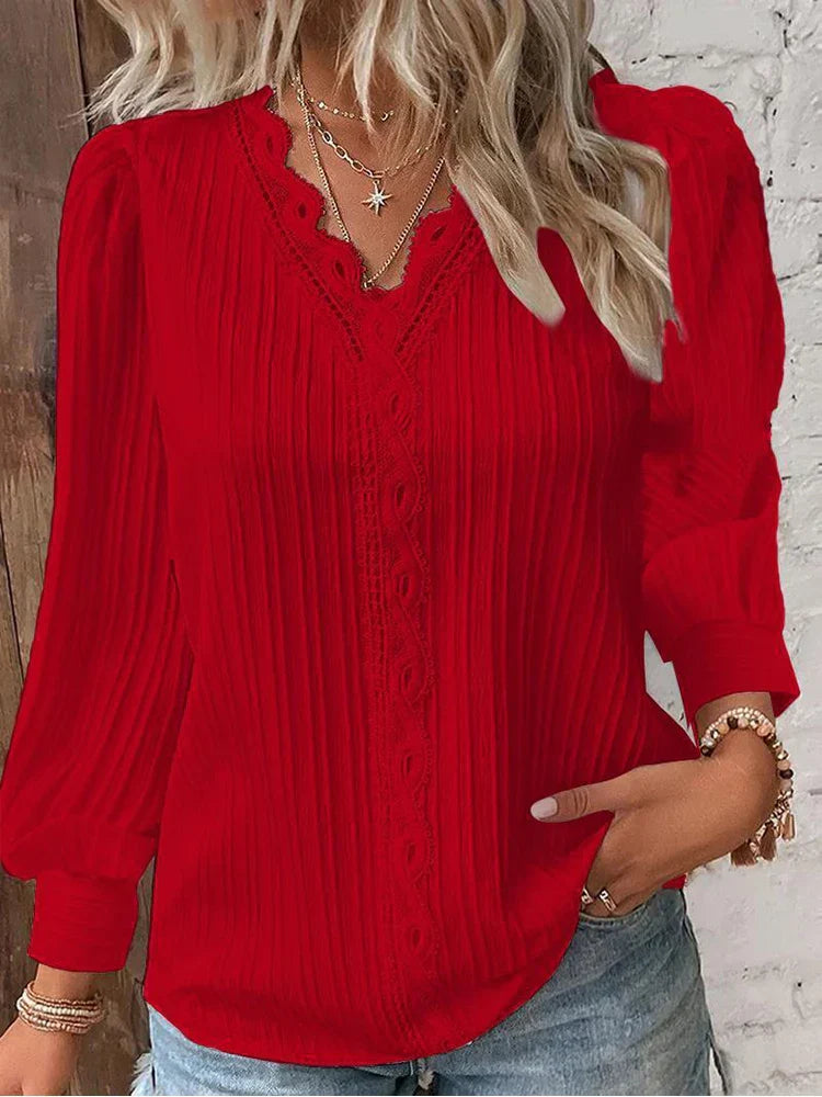 Women's Long Sleeve Blouse | Lace Trim V-Neck