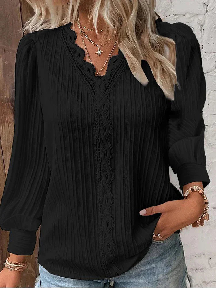 Women's Long Sleeve Blouse | Lace Trim V-Neck