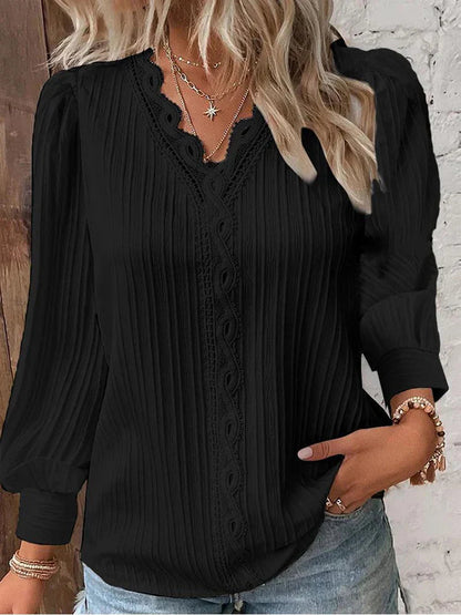 Women's Long Sleeve Blouse | Lace Trim V-Neck