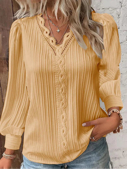 Women's Long Sleeve Blouse | Lace Trim V-Neck